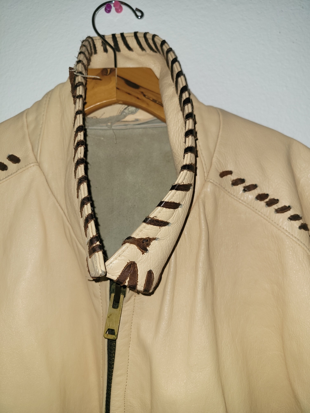 Custom Made (Unfinished) men’s Cream Leather Jacket with Brown Trim